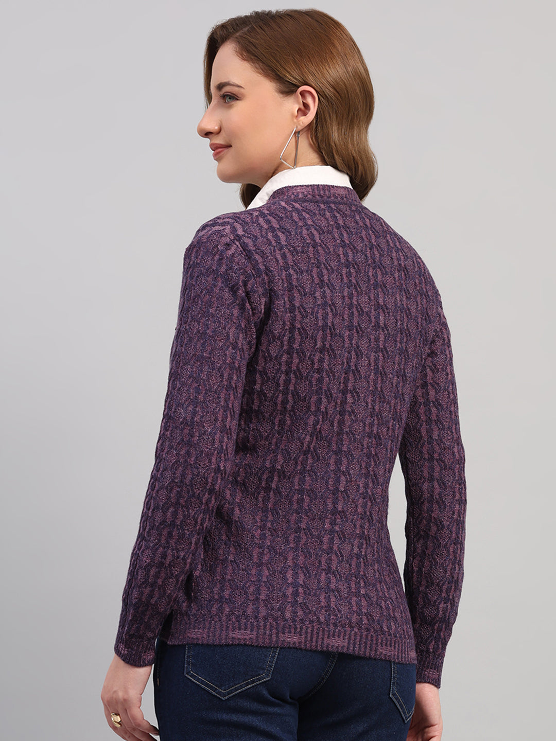 Women Purple Self Design V Neck Full Sleeve Cardigan