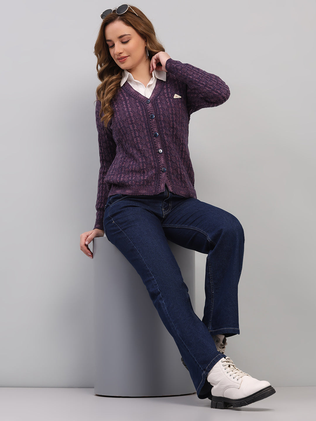 Women Purple Self Design V Neck Full Sleeve Cardigan