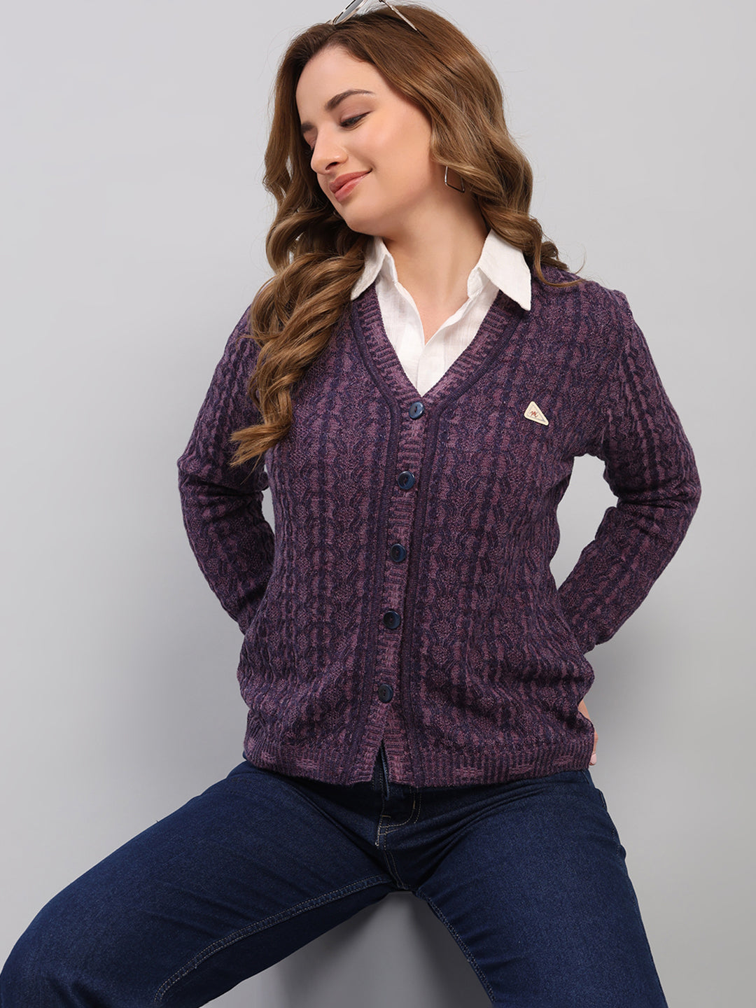 Women Purple Self Design V Neck Full Sleeve Cardigan