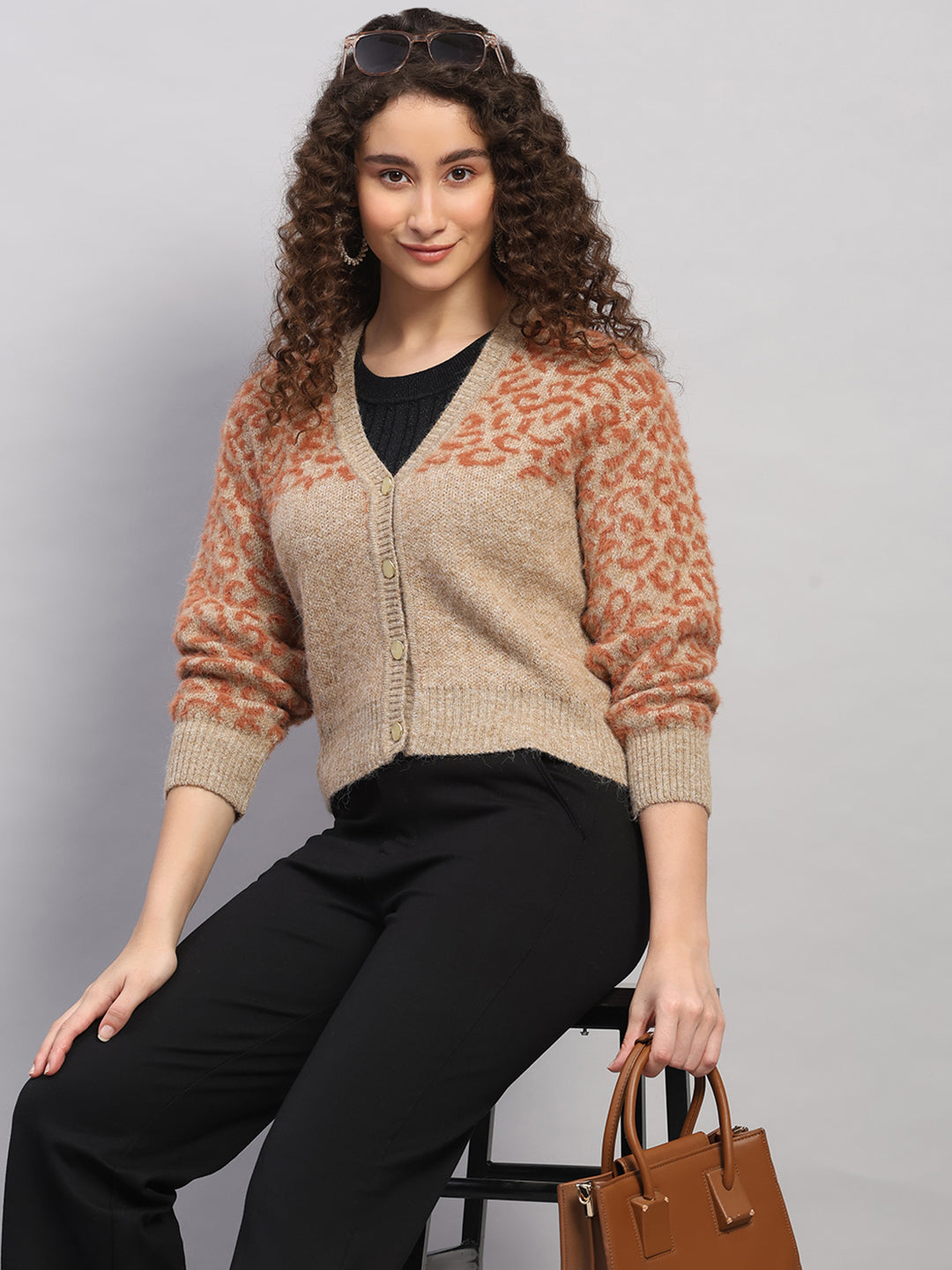 Women Beige Printed V Neck Full Sleeve Cardigan