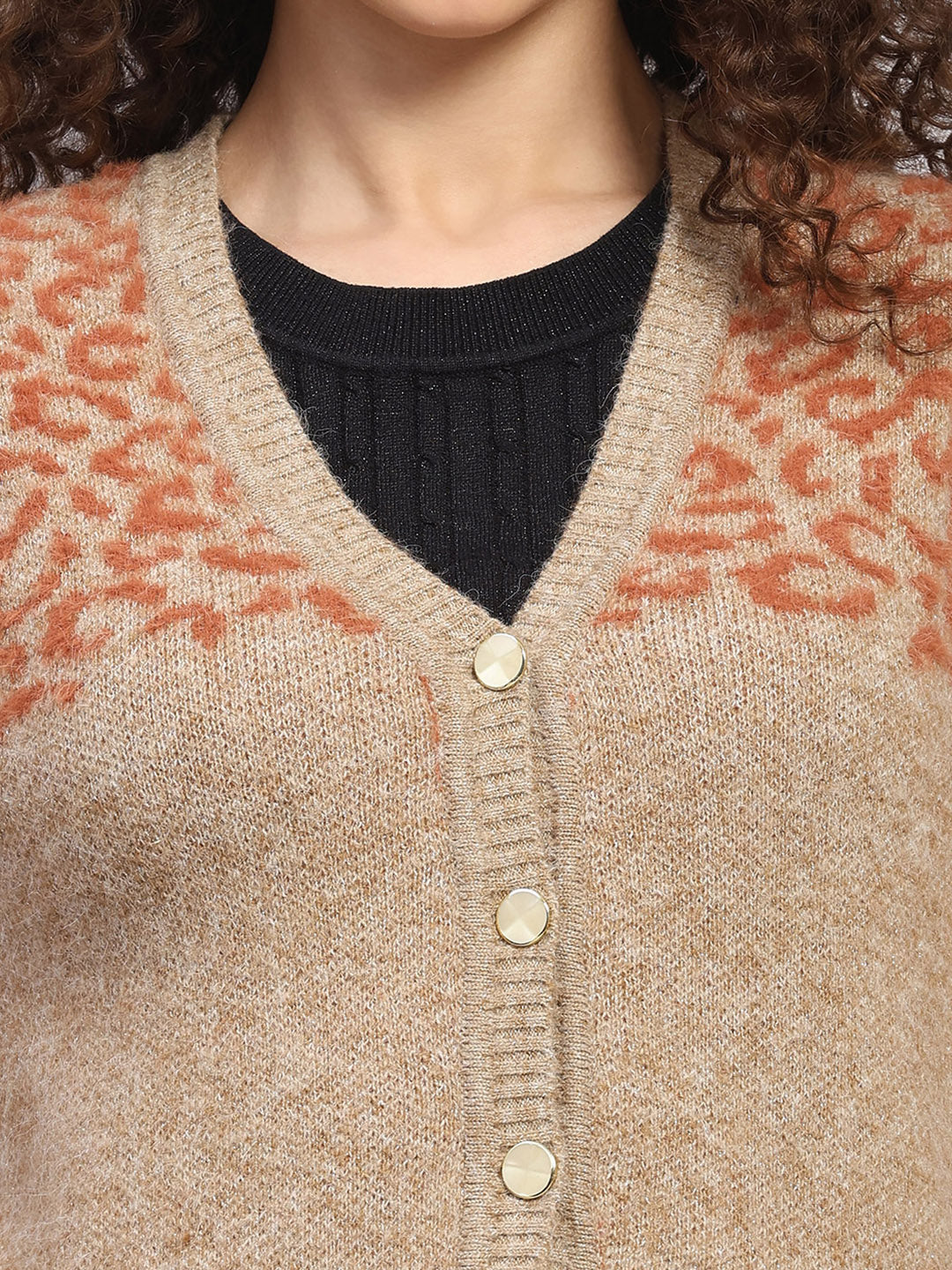 Women Beige Printed V Neck Full Sleeve Cardigan