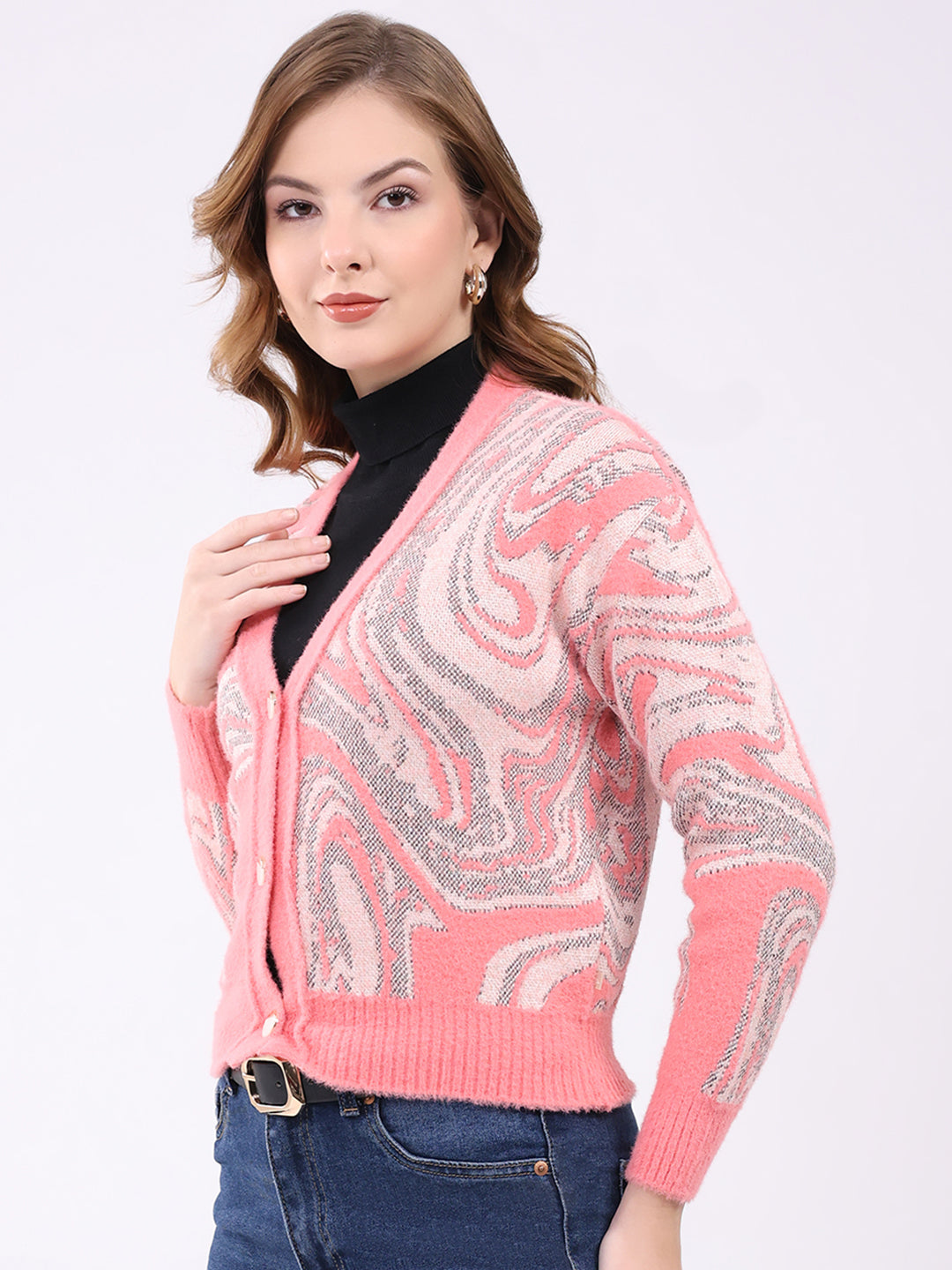Women Pink Self Design V Neck Full Sleeve Cardigan