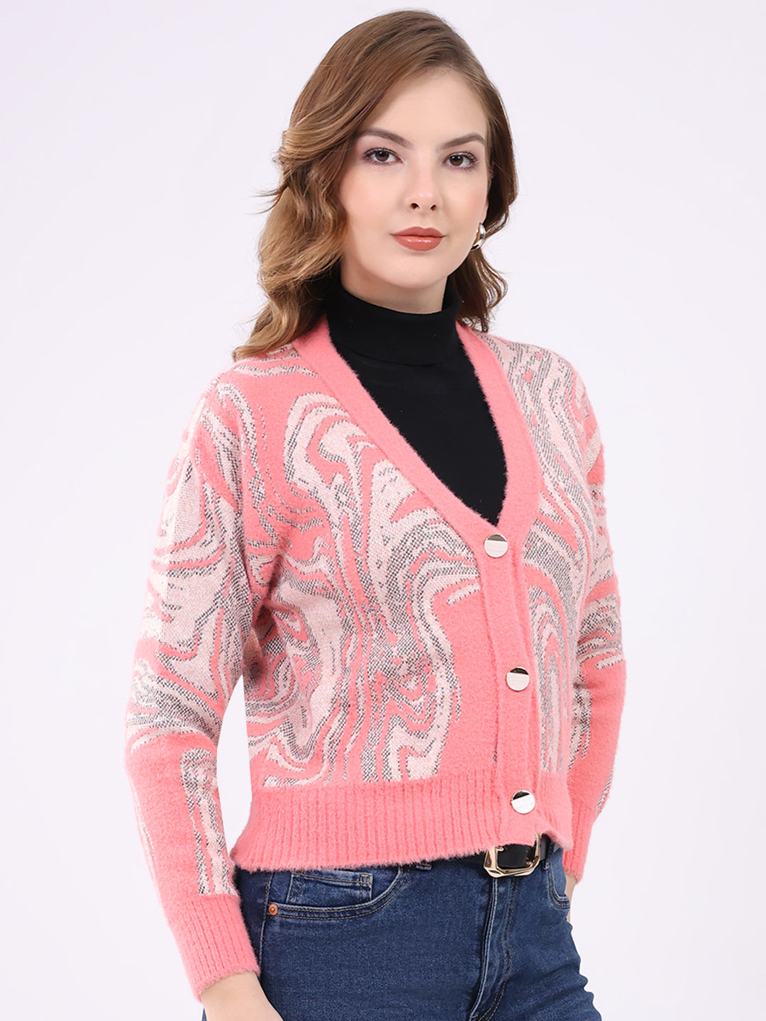 Women Pink Self Design V Neck Full Sleeve Cardigan