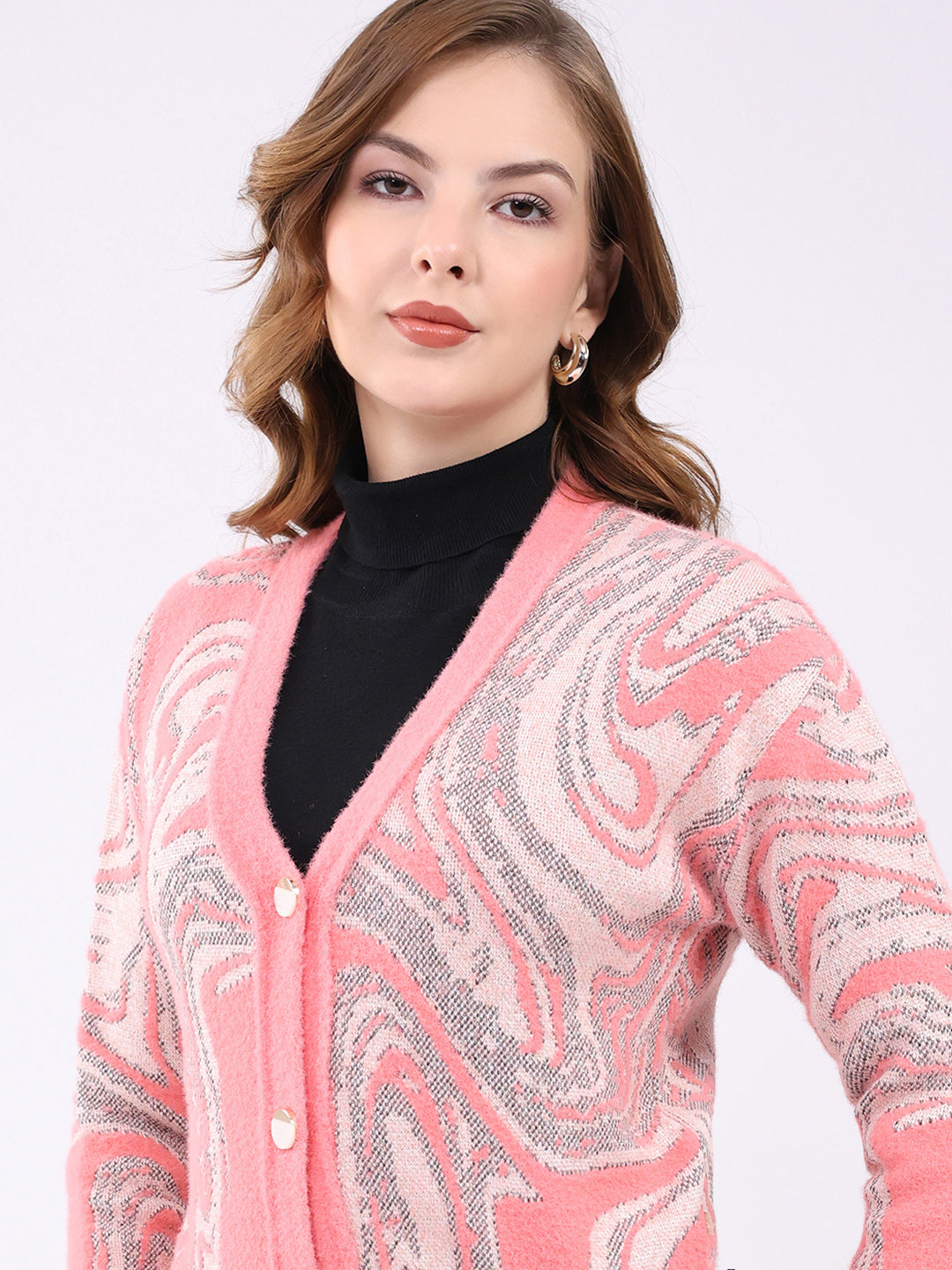 Women Pink Self Design V Neck Full Sleeve Cardigan