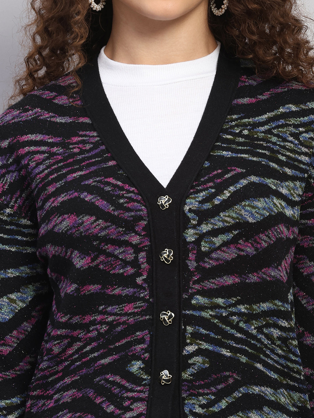 Women Black Jaquard V Neck Full Sleeve Cardigan