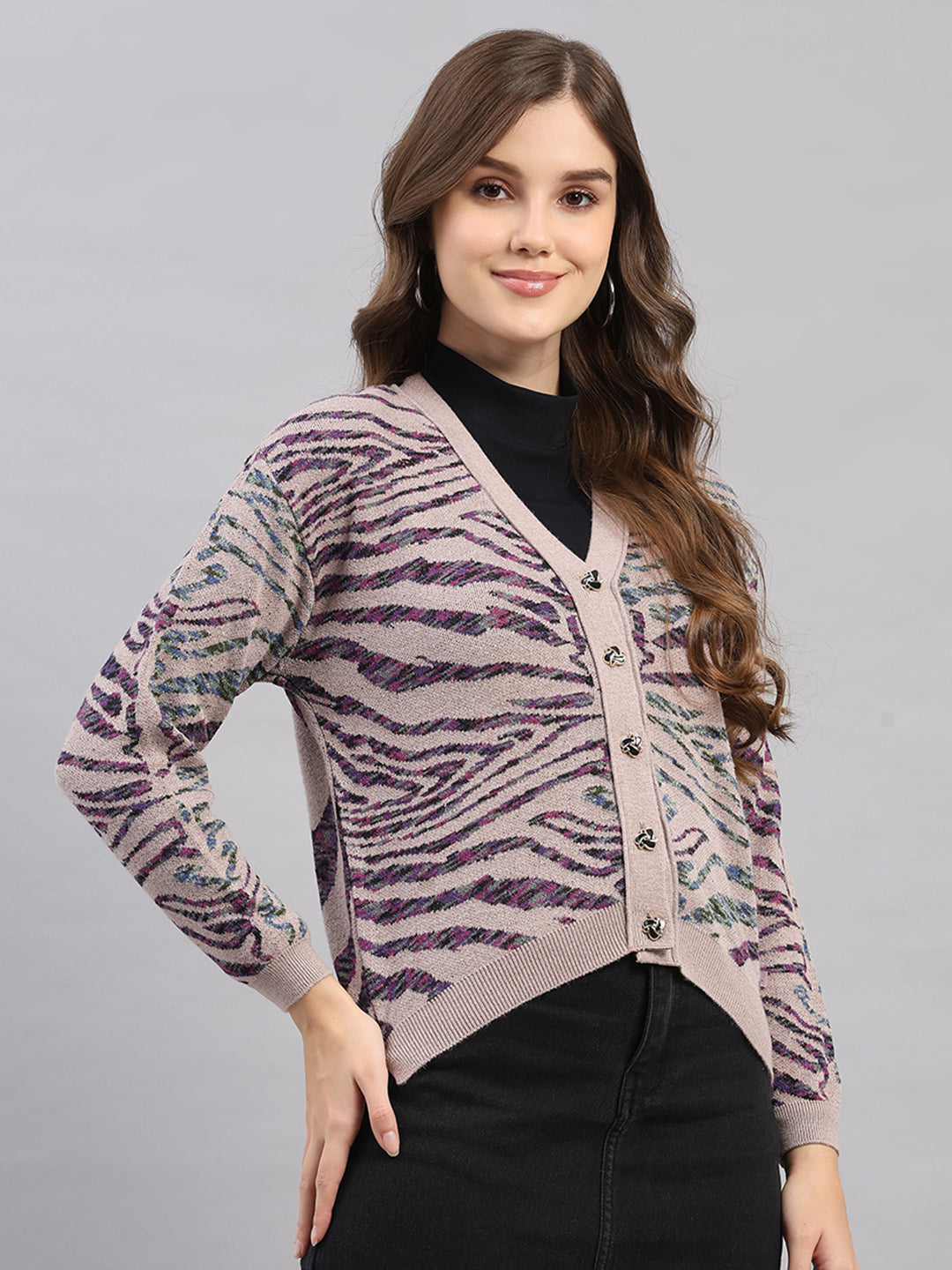 Women Pink Self Design V Neck Full Sleeve Cardigan