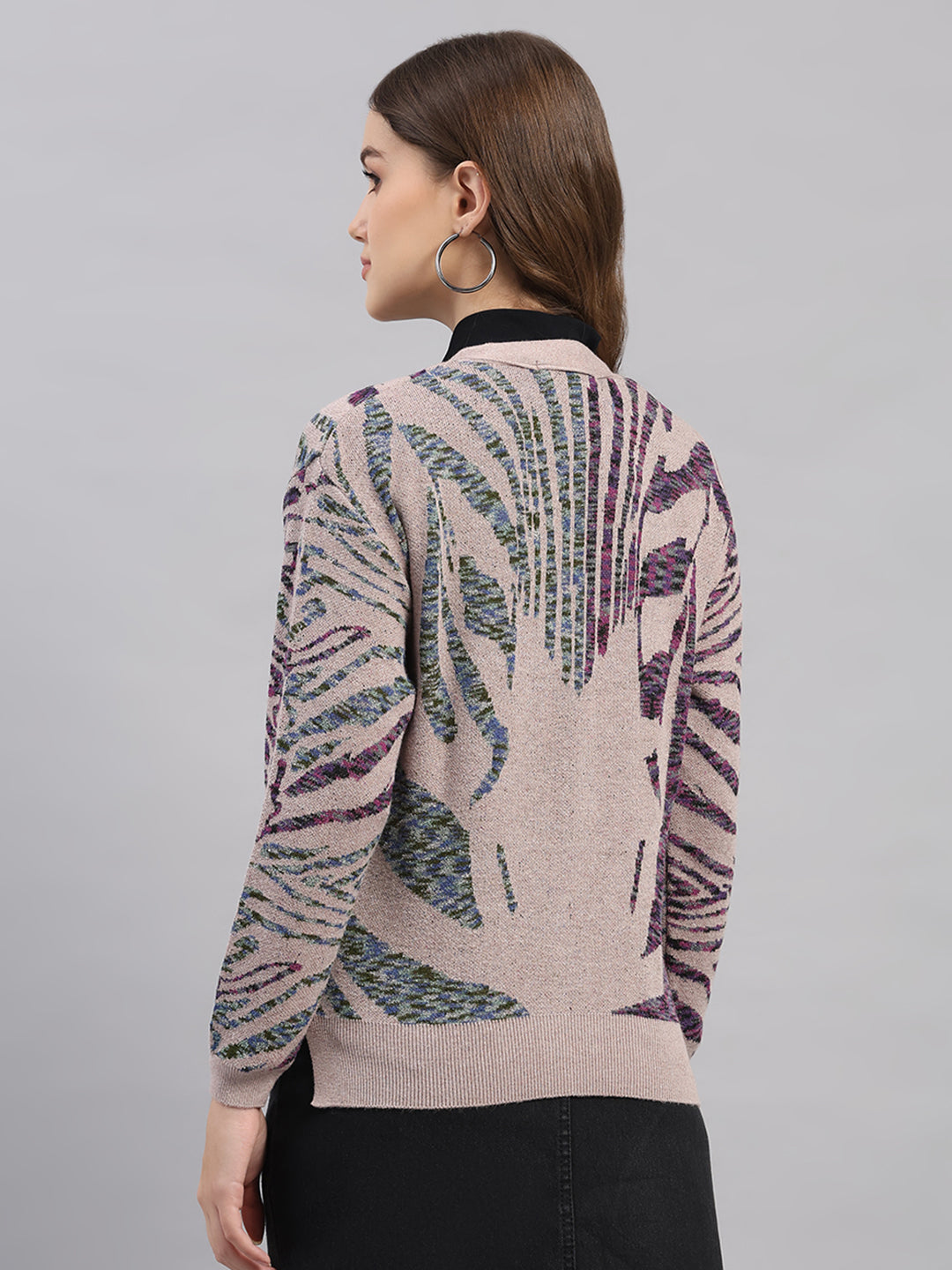 Women Pink Self Design V Neck Full Sleeve Cardigan