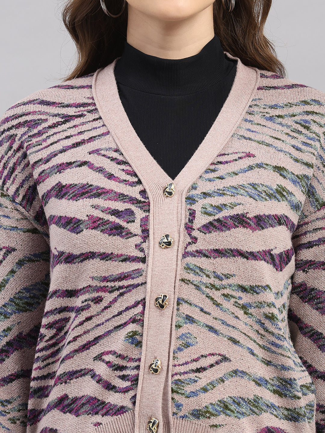 Women Pink Self Design V Neck Full Sleeve Cardigan