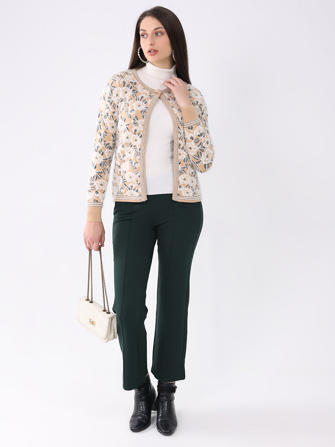 Women Beige Printed Round Neck Full Sleeve Cardigan