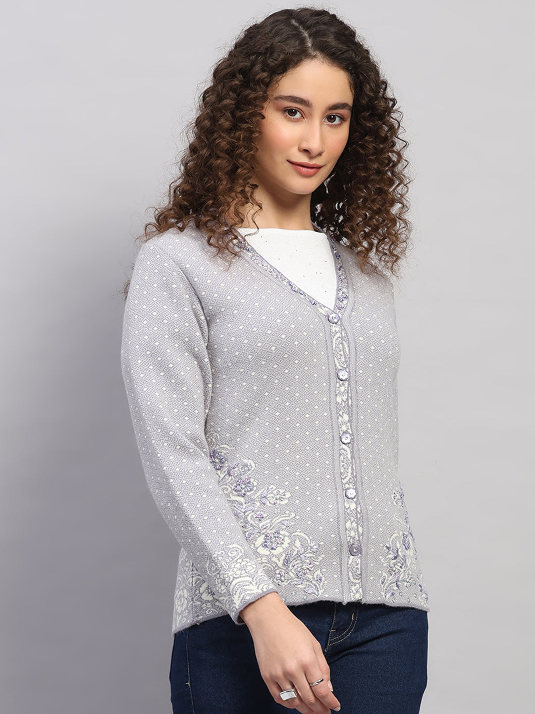 Women Grey Printed V Neck Full Sleeve Cardigan