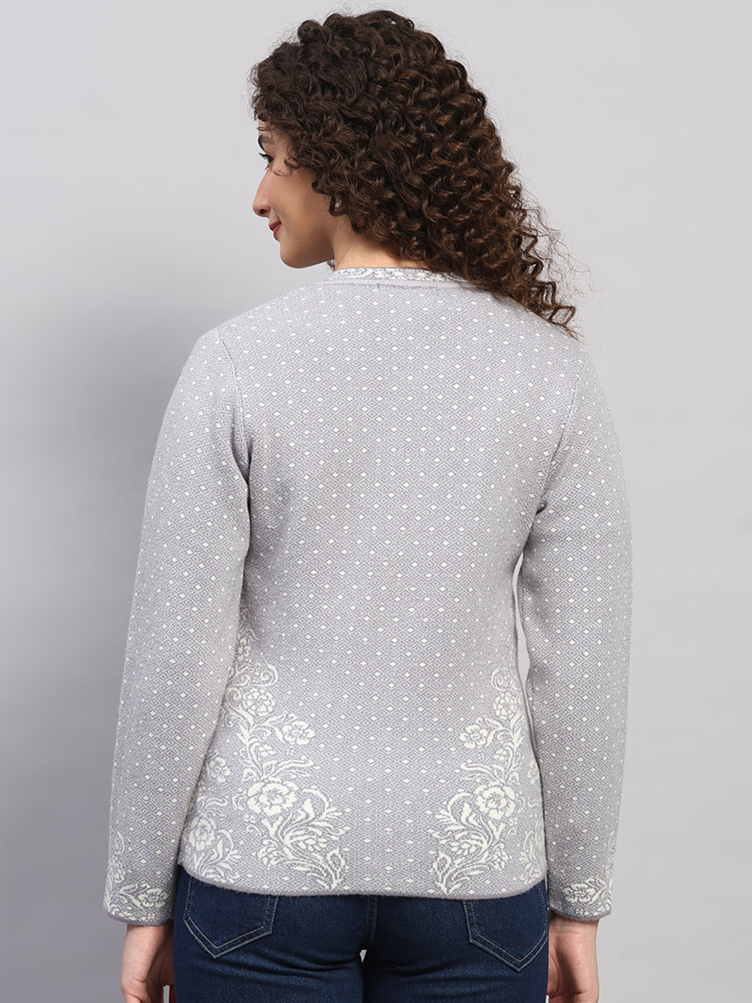 Women Grey Printed V Neck Full Sleeve Cardigan