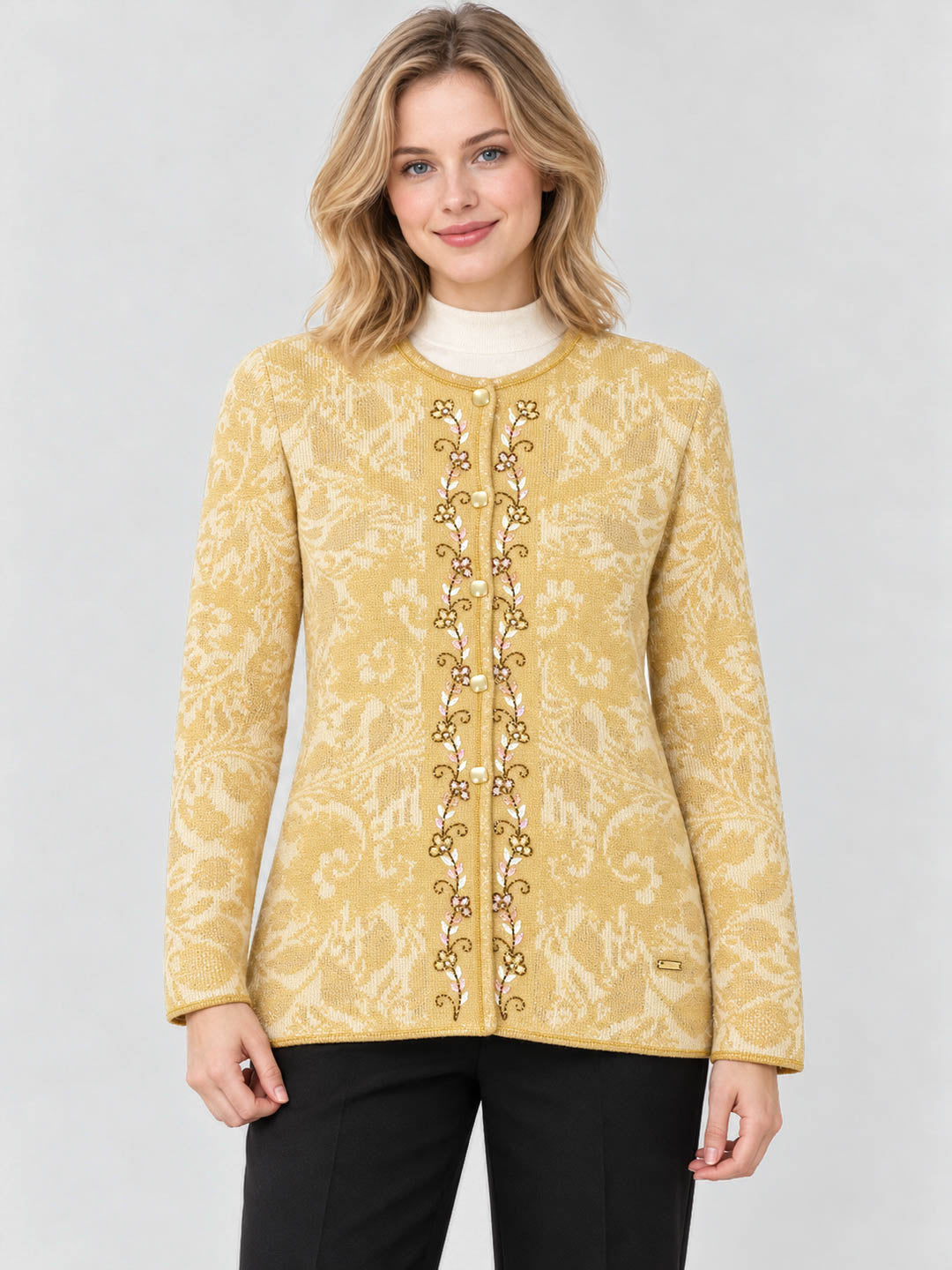 Women Yellow Designer Round Neck Full Sleeve Cardigan