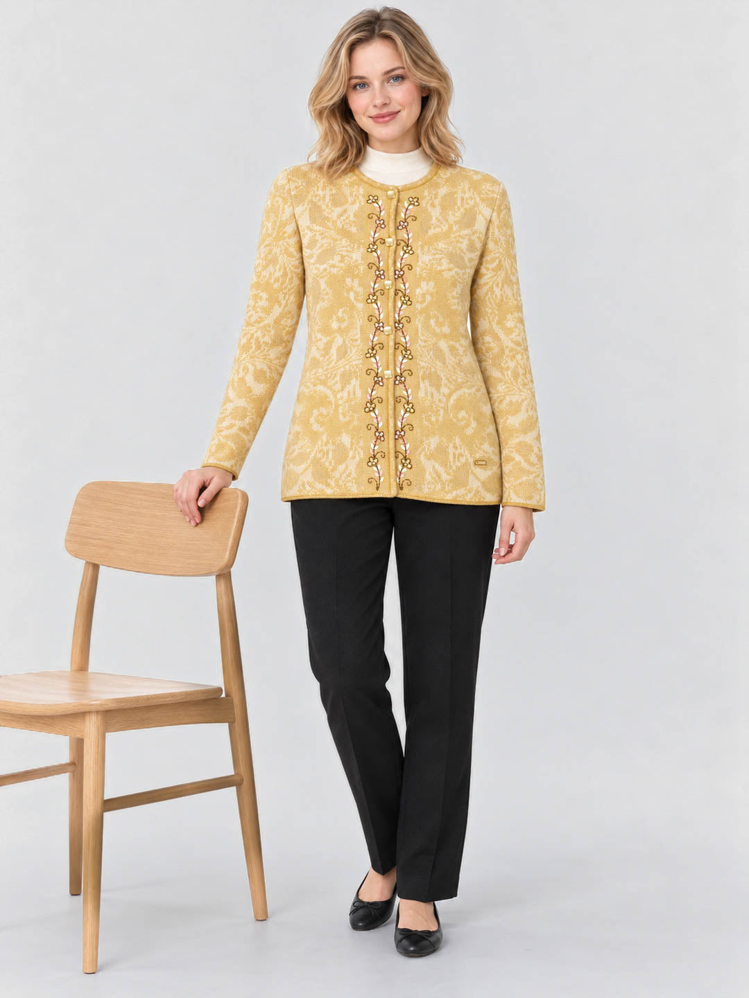 Women Yellow Designer Round Neck Full Sleeve Cardigan