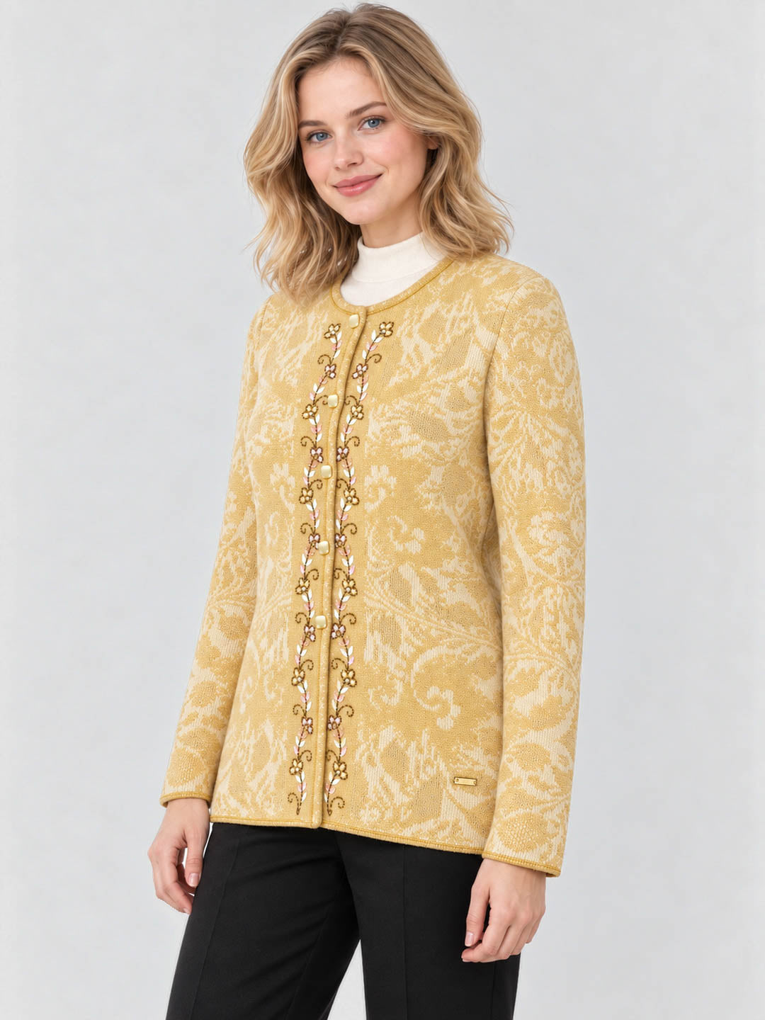 Women Yellow Designer Round Neck Full Sleeve Cardigan