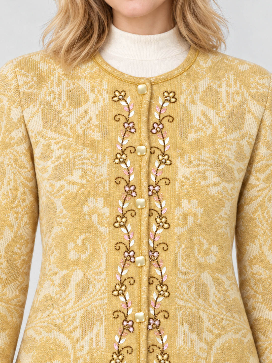 Women Yellow Designer Round Neck Full Sleeve Cardigan