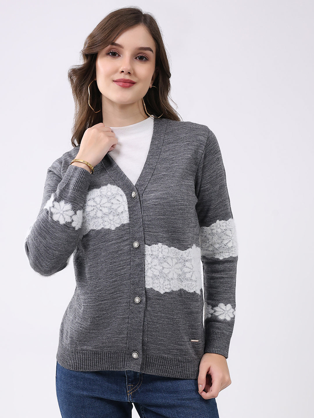 Women Grey Self Design V Neck Full Sleeve Cardigan
