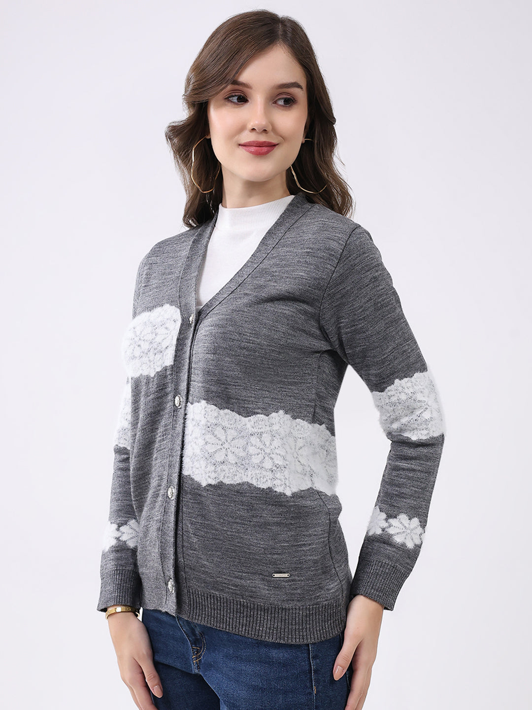 Women Grey Self Design V Neck Full Sleeve Cardigan