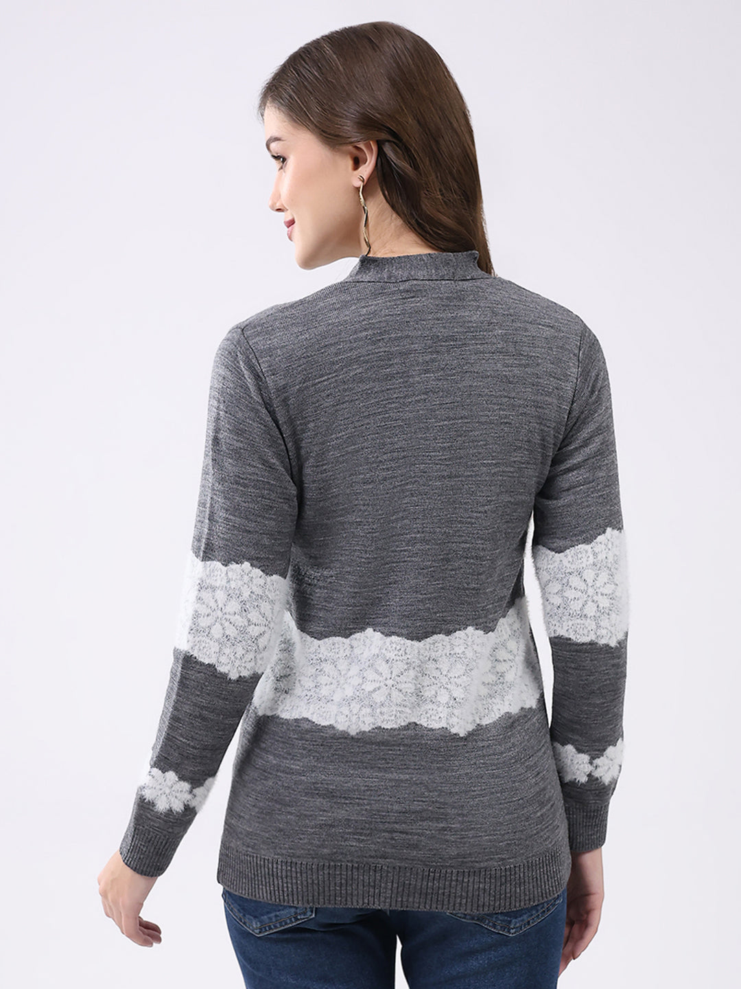 Women Grey Self Design V Neck Full Sleeve Cardigan