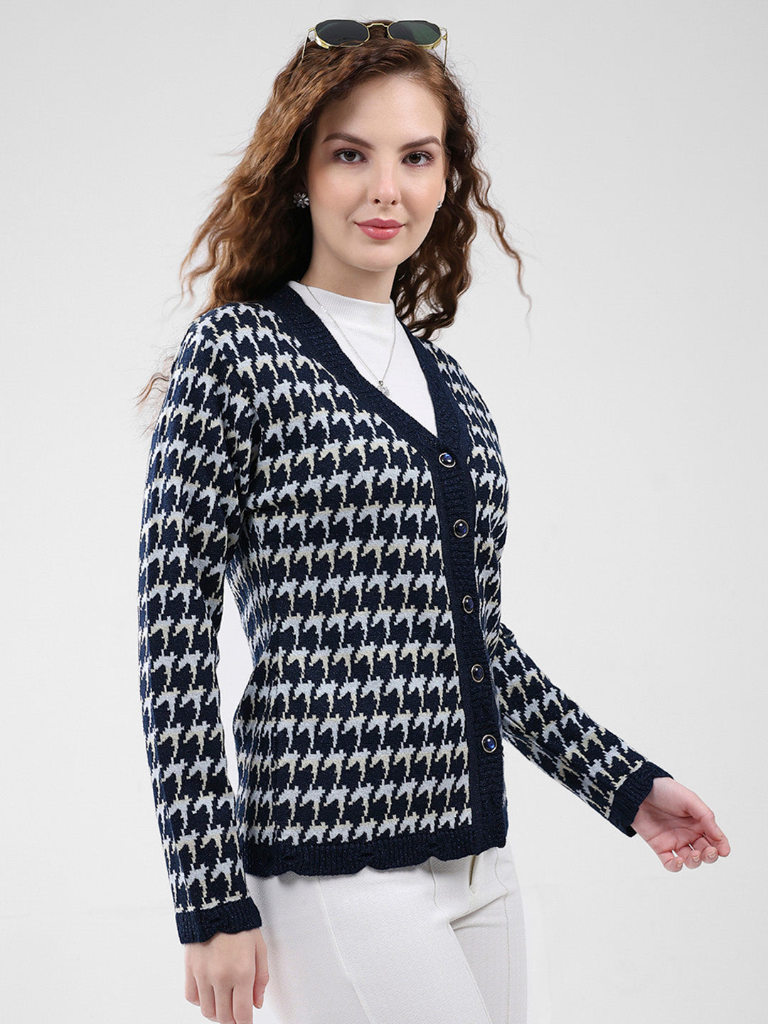 Women Navy Blue Self Design V Neck Full Sleeve Cardigan