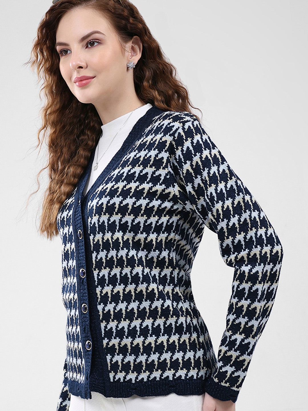 Women Navy Blue Self Design V Neck Full Sleeve Cardigan