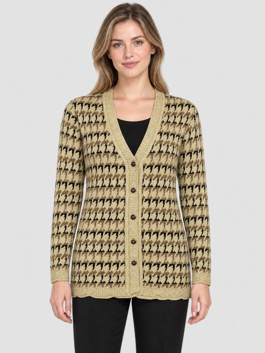 Women Beige Jacquard V Neck Full Sleeve Cardigan