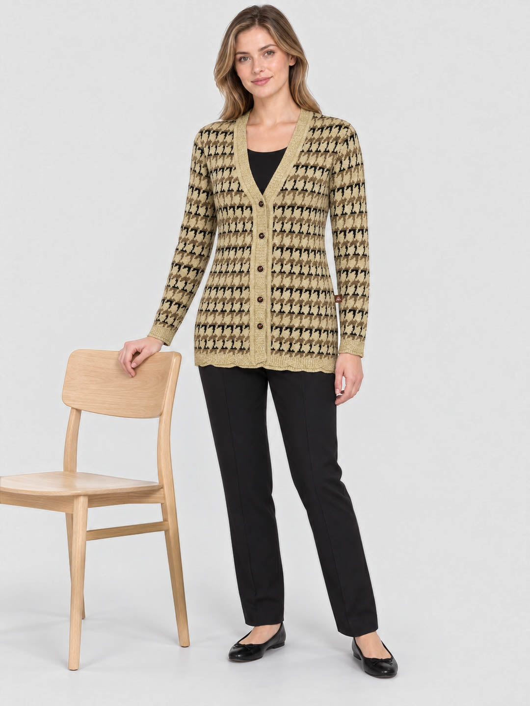 Women Beige Jacquard V Neck Full Sleeve Cardigan