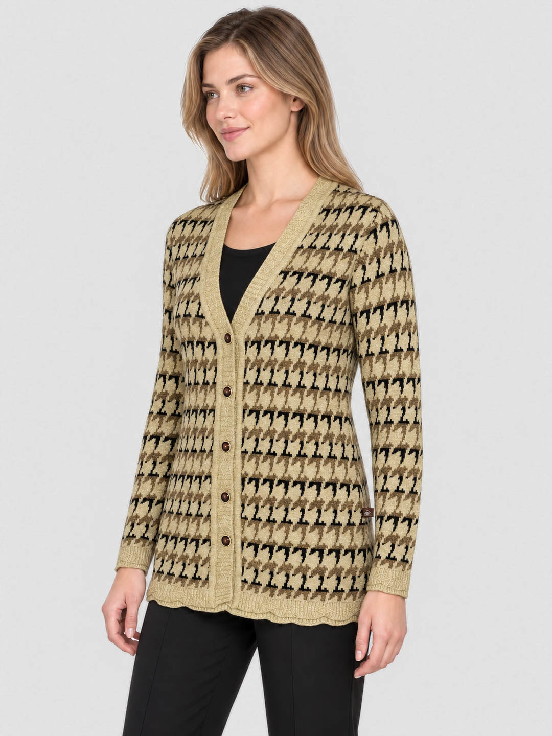 Women Beige Jacquard V Neck Full Sleeve Cardigan