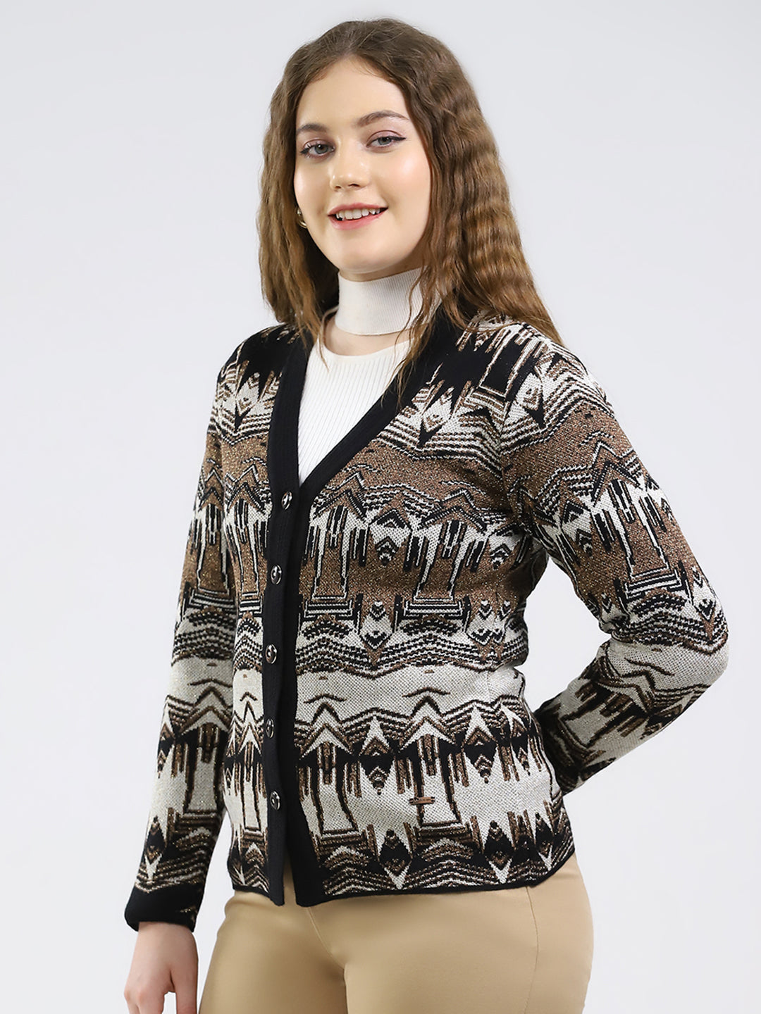 Women Black Printed V Neck Full Sleeve Cardigan