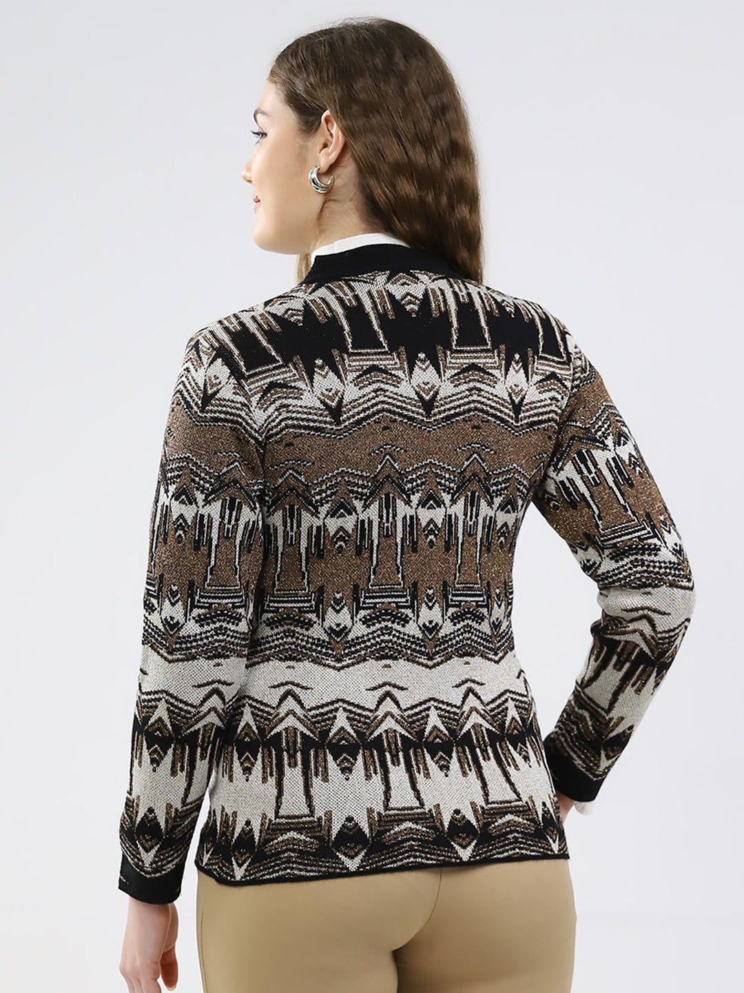 Women Black Printed V Neck Full Sleeve Cardigan