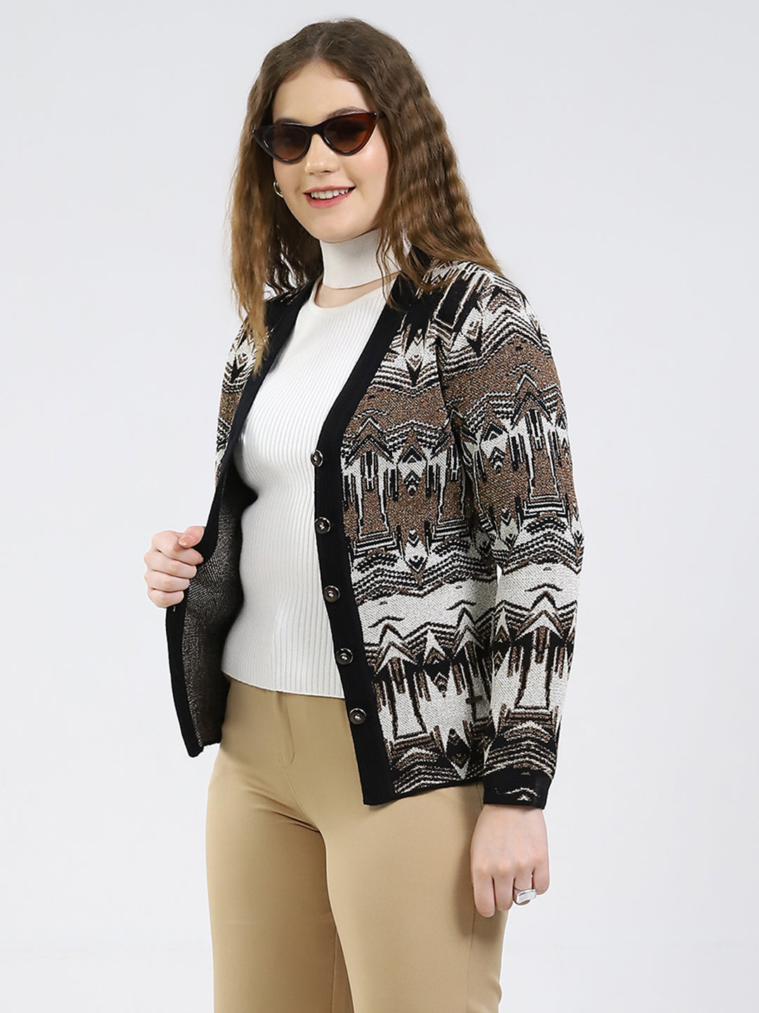 Women Black Printed V Neck Full Sleeve Cardigan