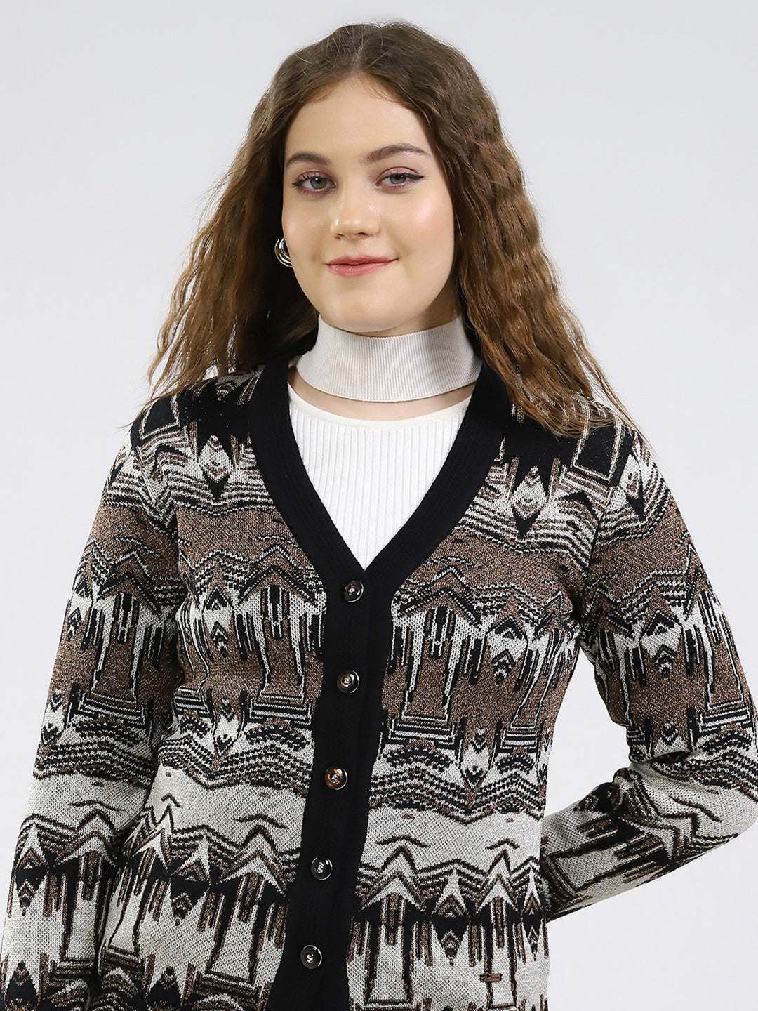Women Black Printed V Neck Full Sleeve Cardigan
