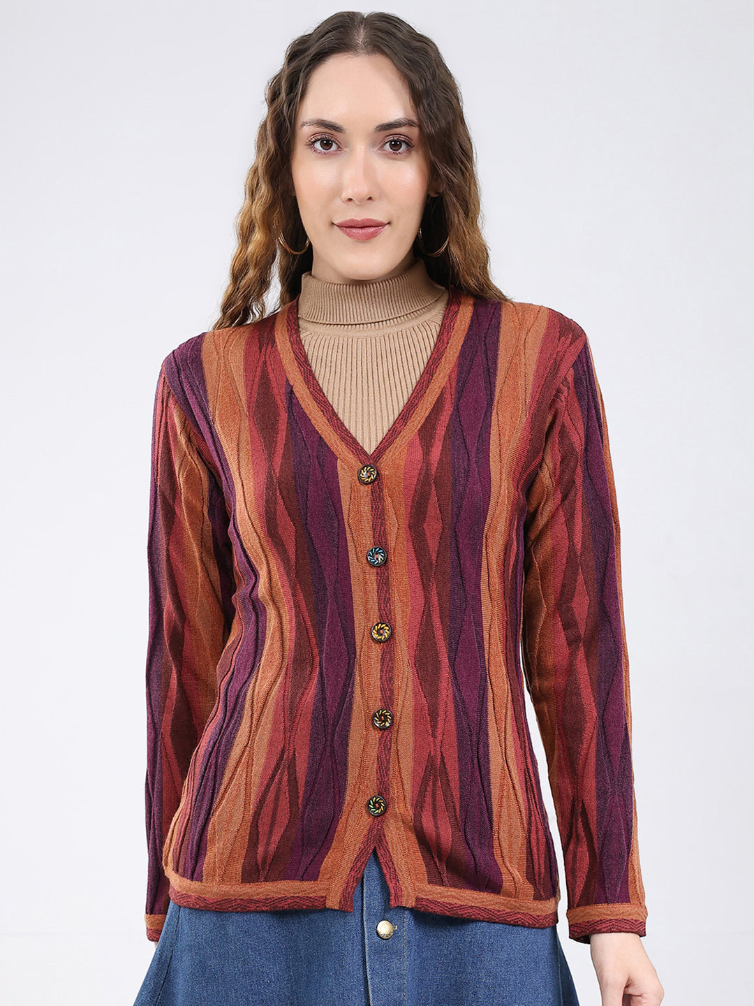 Women Multicolor Wave Stripe V Neck Full Sleeve Cardigan