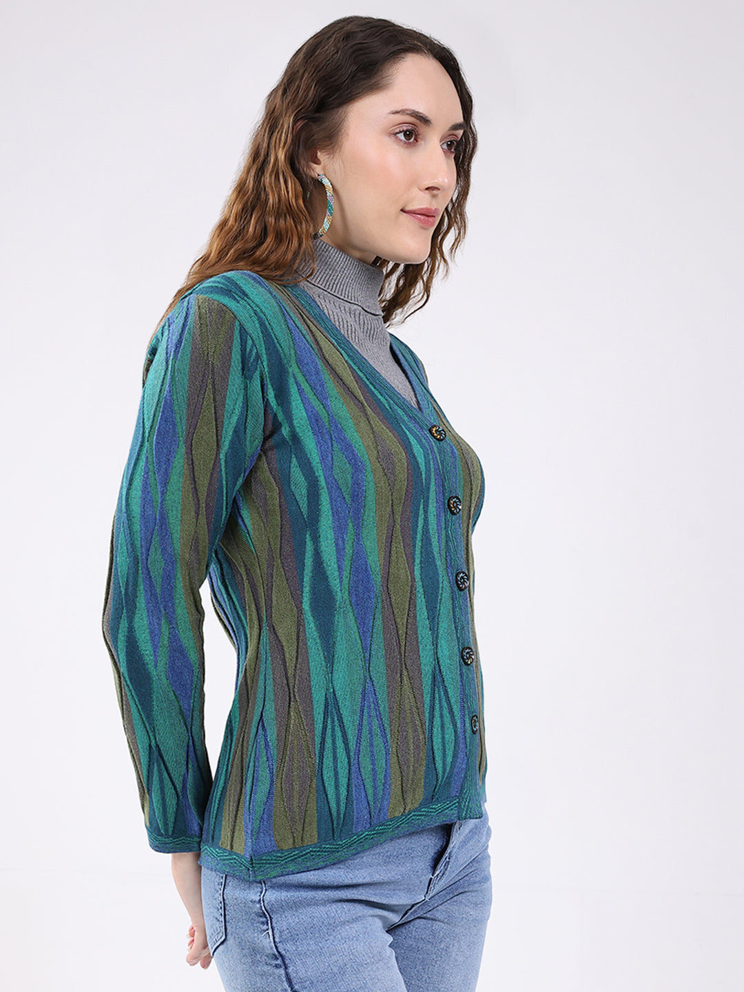 Women Green Printed V Neck Full Sleeve Cardigan