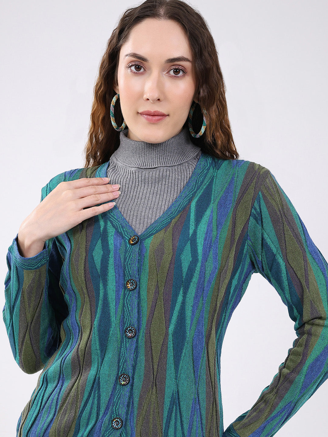 Women Green Printed V Neck Full Sleeve Cardigan