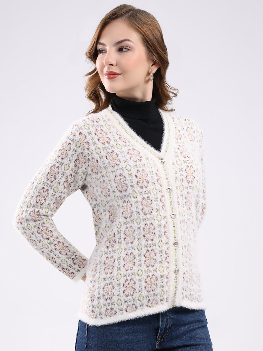 Women White Self Design V Neck Full Sleeve Cardigan