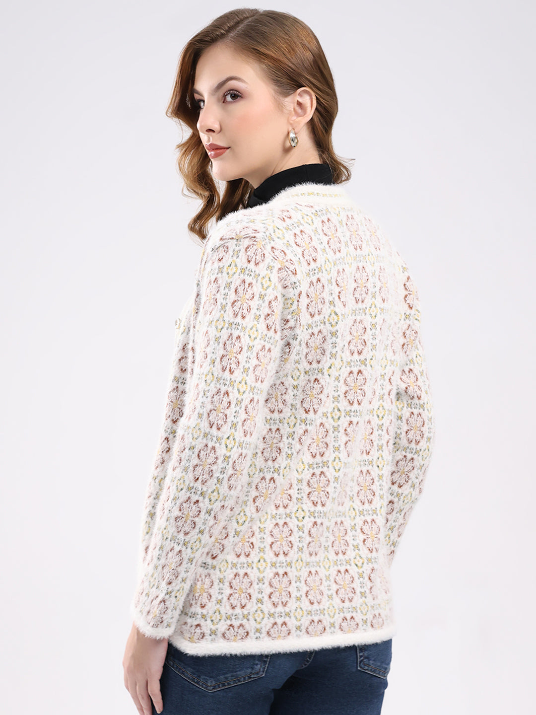 Women White Self Design V Neck Full Sleeve Cardigan