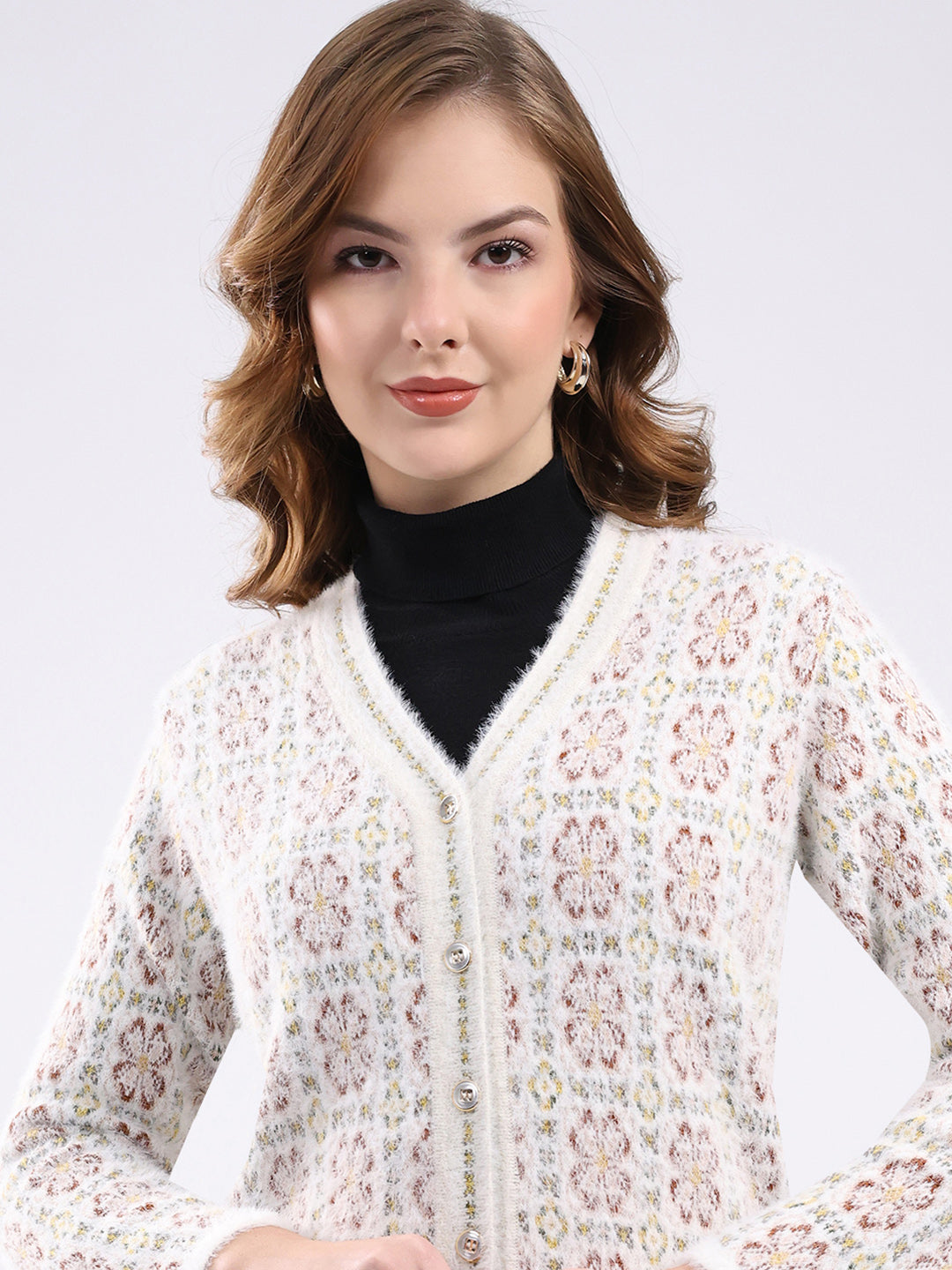 Women White Self Design V Neck Full Sleeve Cardigan
