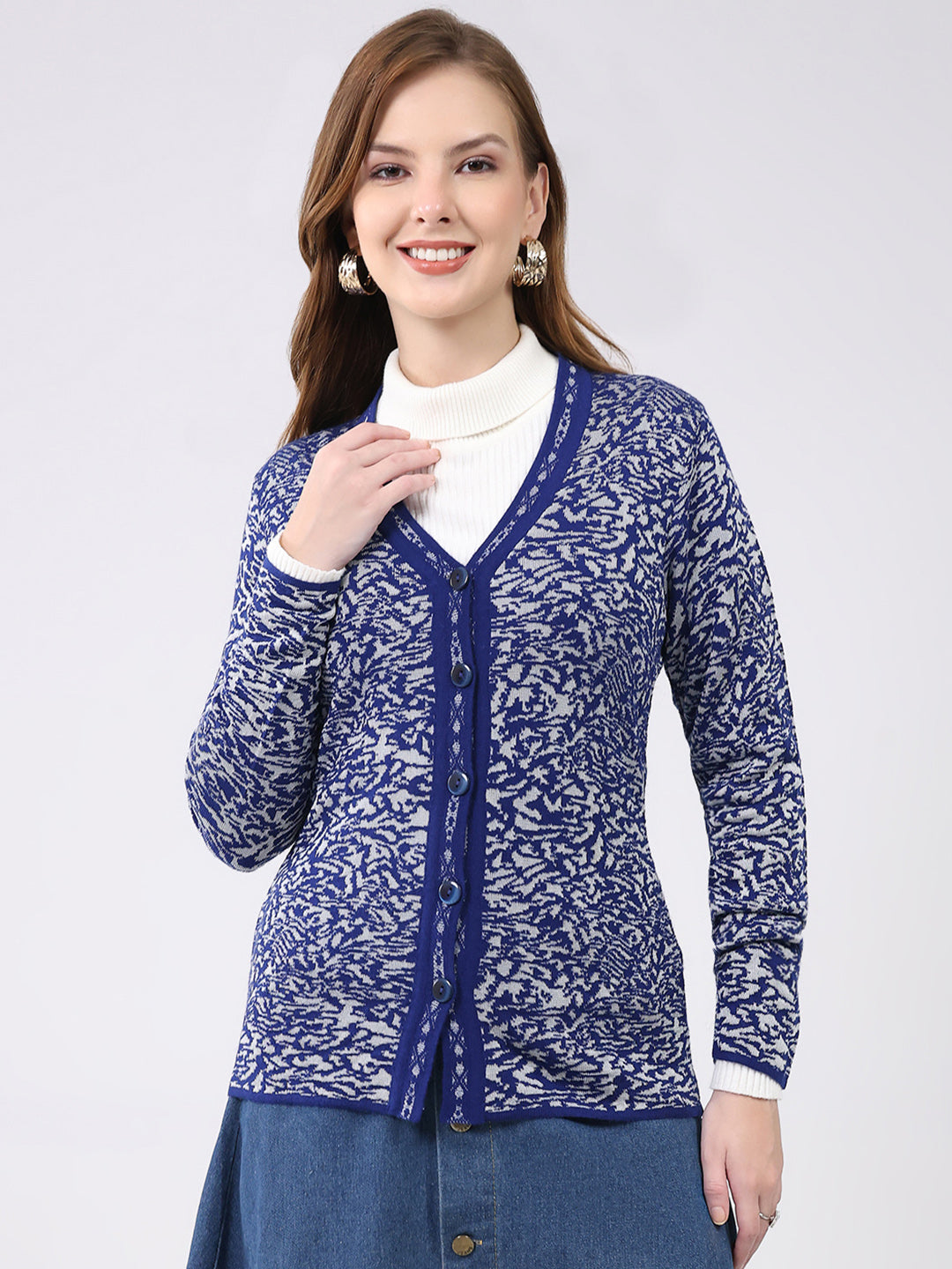 Women Blue Self Design V Neck Full Sleeve Cardigan