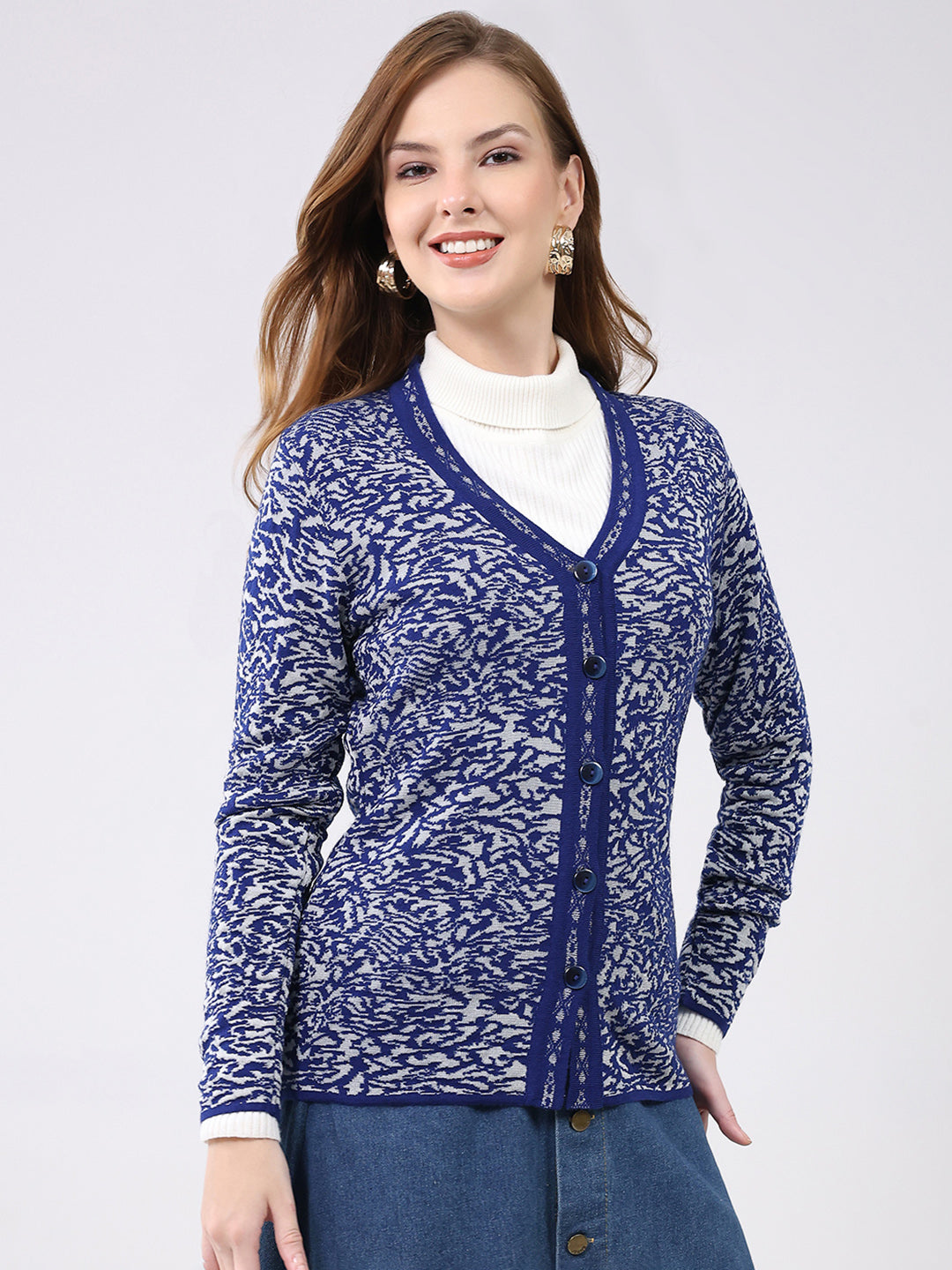 Women Blue Self Design V Neck Full Sleeve Cardigan
