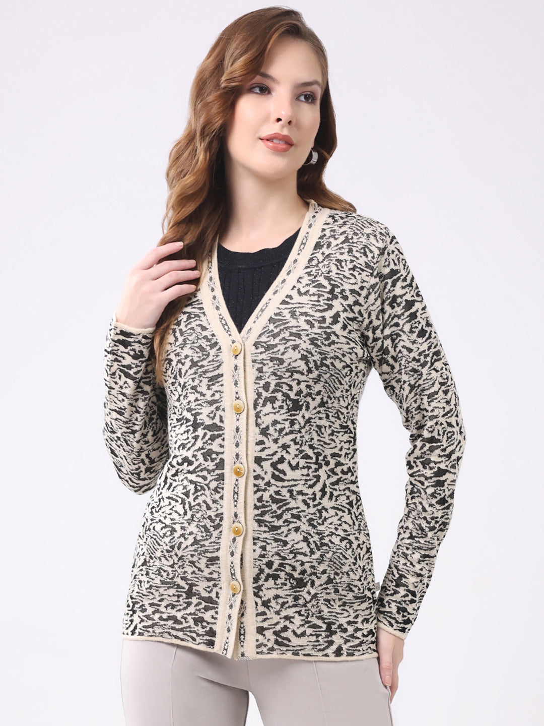 Women Black Self Design V Neck Full Sleeve Cardigan