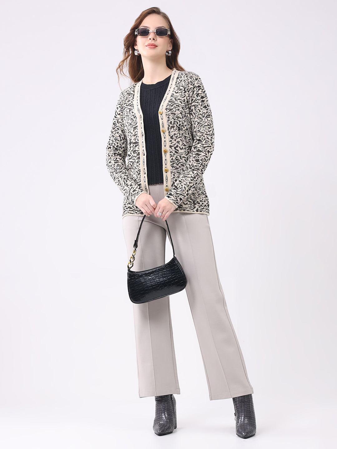 Women Black Self Design V Neck Full Sleeve Cardigan