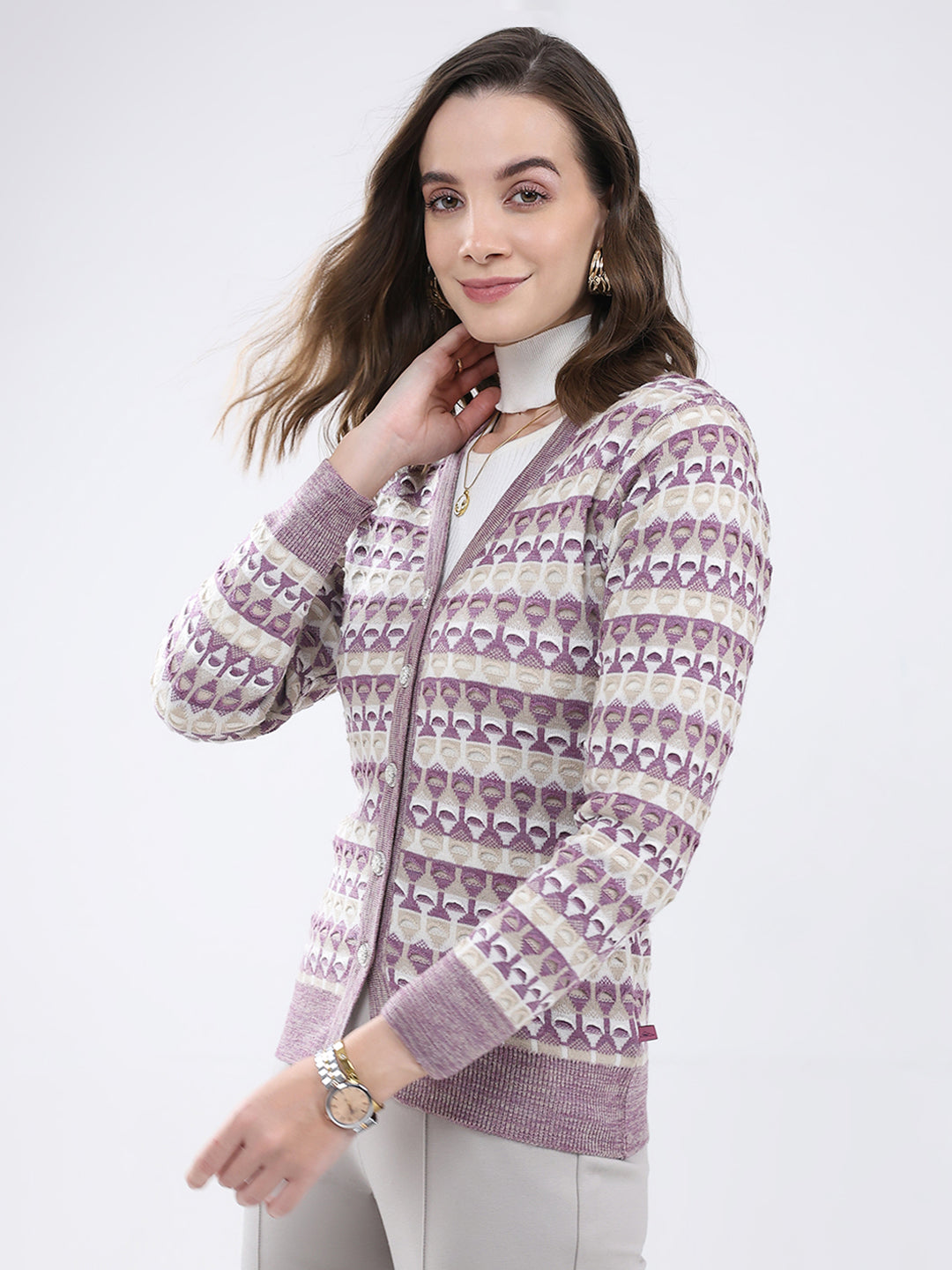 Women Multicolor Self Design V Neck Full Sleeve Cardigan