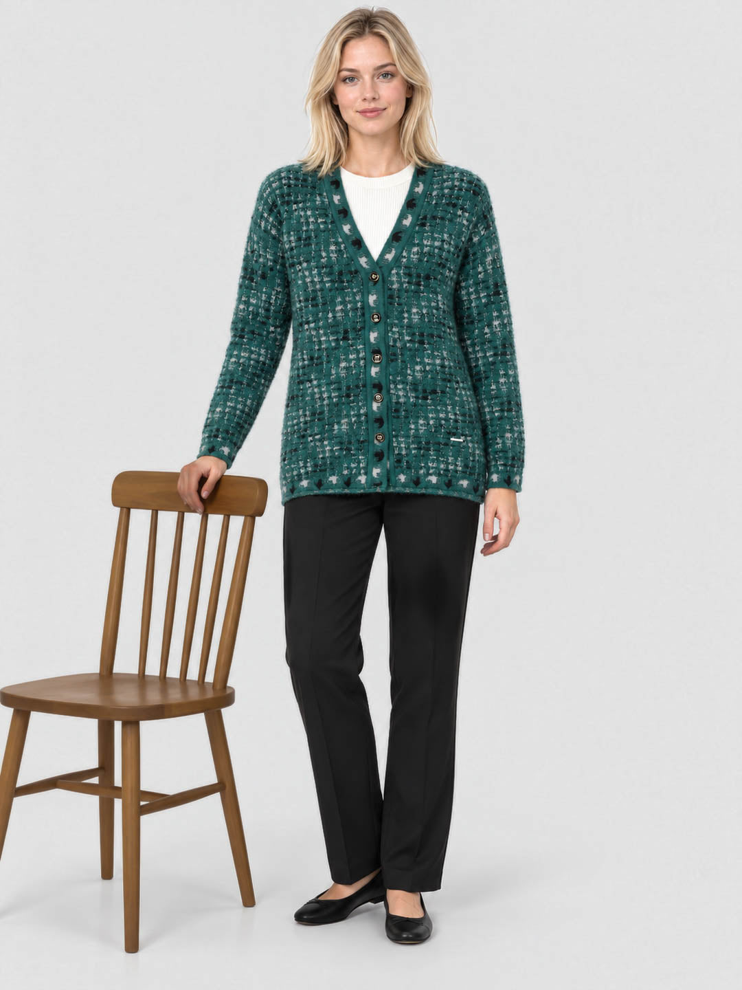 Women Teal Blue Jacquard V Neck Full Sleeve Cardigan