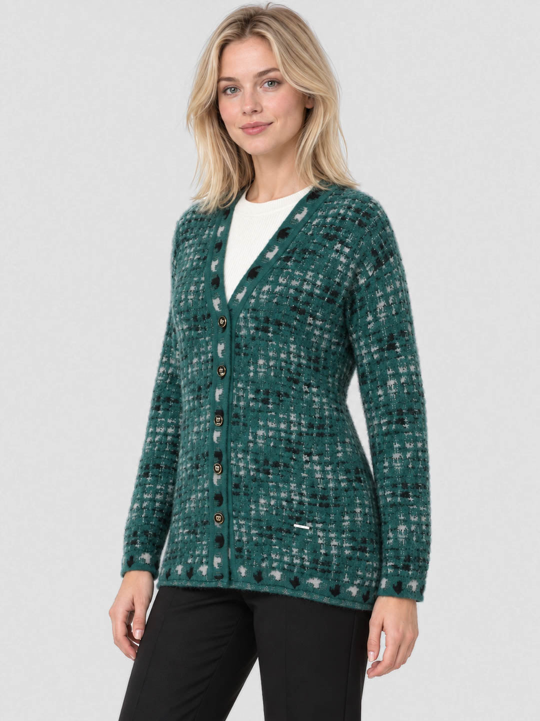 Women Teal Blue Jacquard V Neck Full Sleeve Cardigan