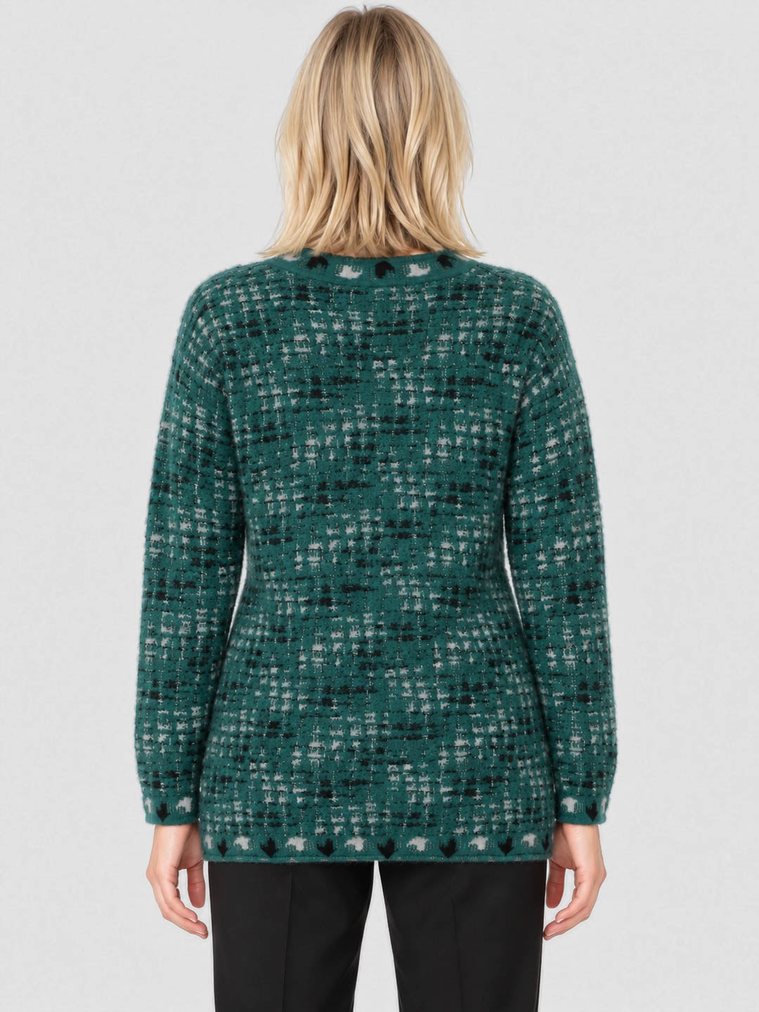 Women Teal Blue Jacquard V Neck Full Sleeve Cardigan