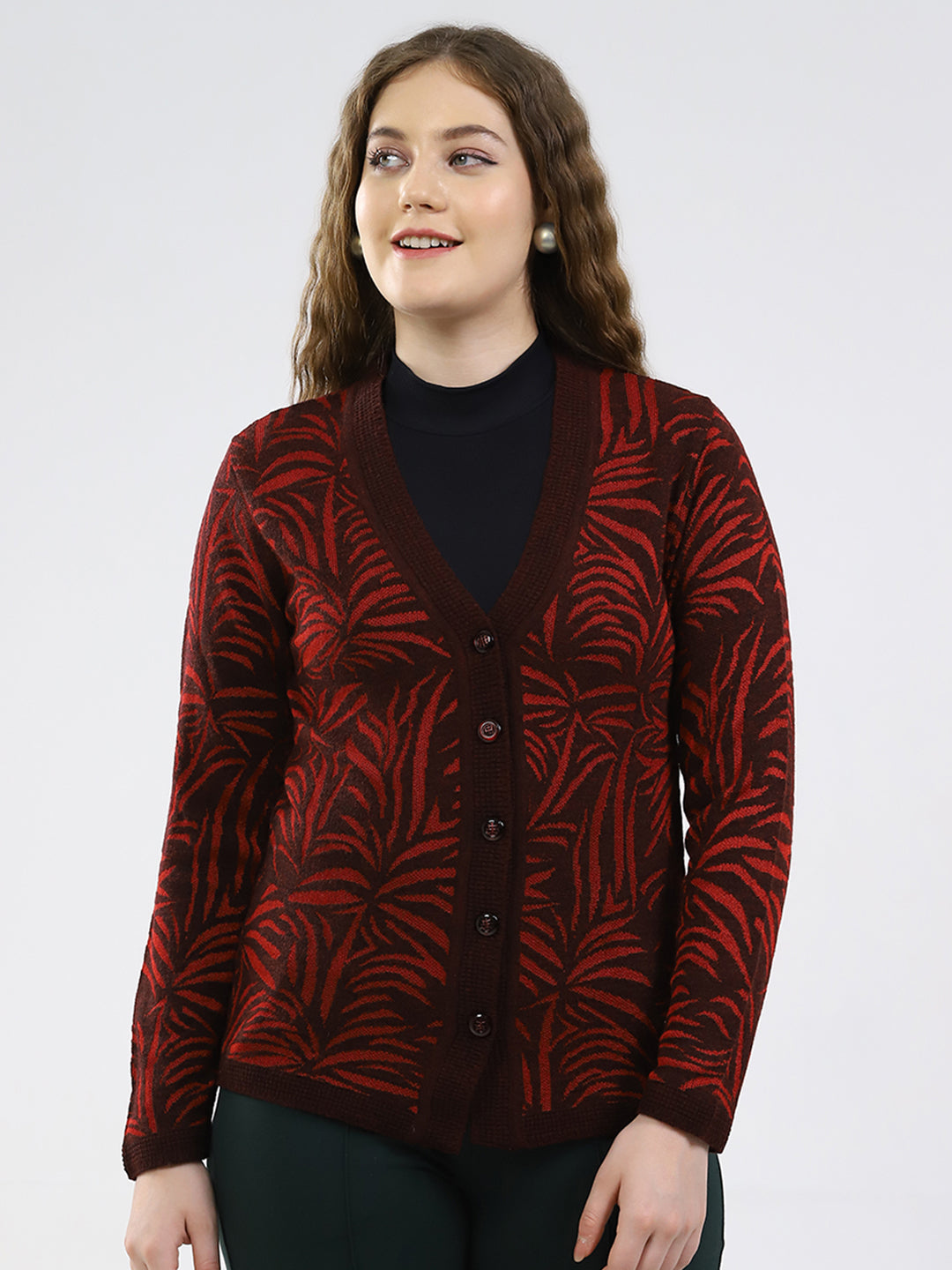 Women Maroon Printed V Neck Full Sleeve Cardigan