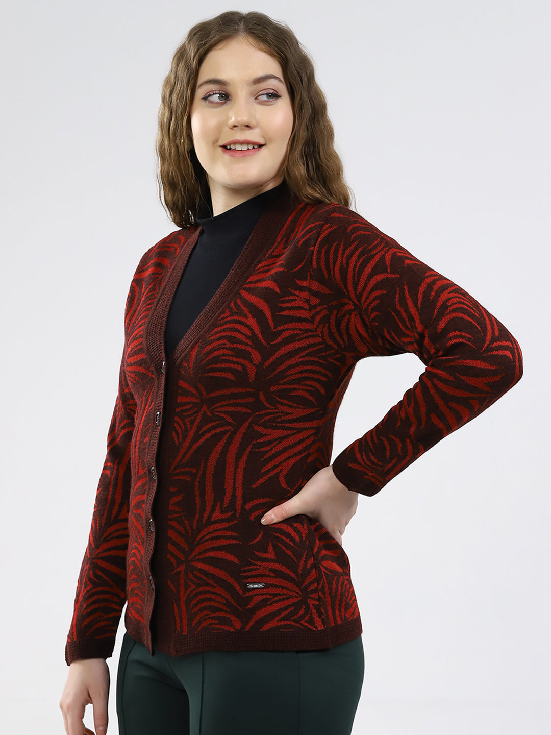 Women Maroon Printed V Neck Full Sleeve Cardigan