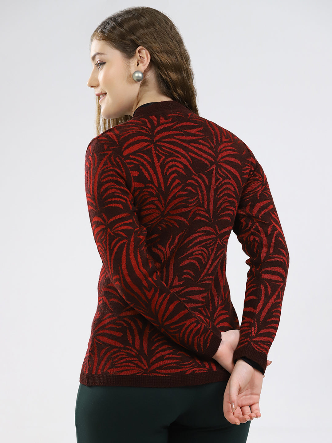 Women Maroon Printed V Neck Full Sleeve Cardigan