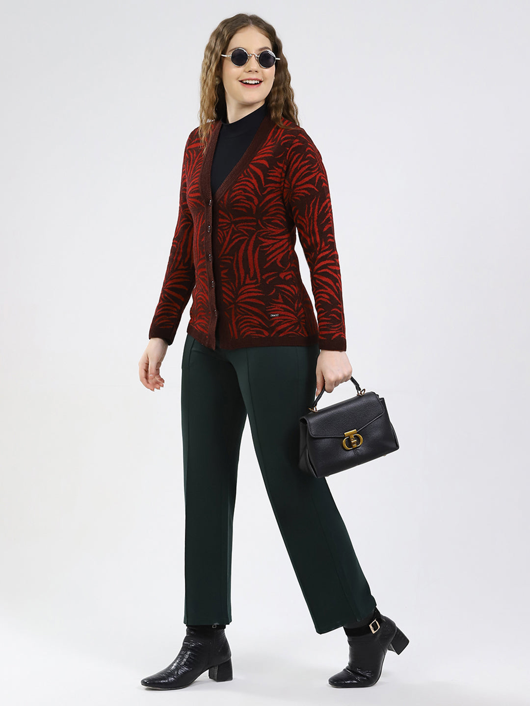 Women Maroon Printed V Neck Full Sleeve Cardigan