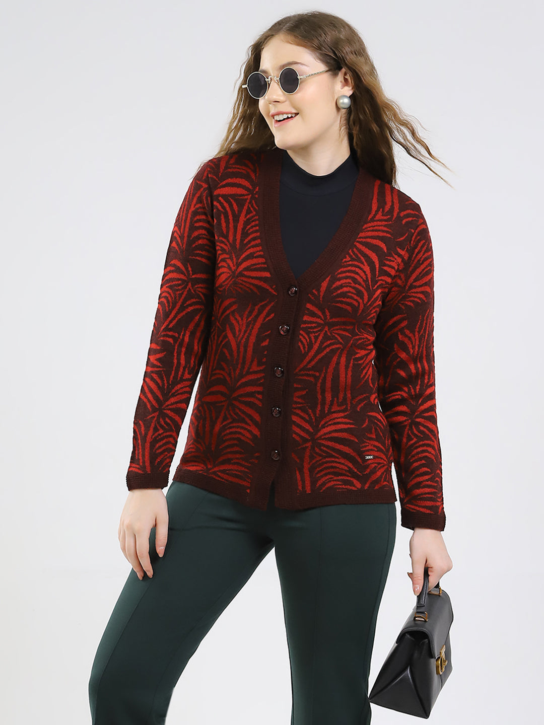Women Maroon Printed V Neck Full Sleeve Cardigan